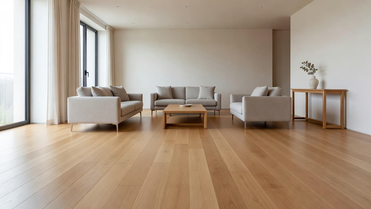 Sunlight streams across the smooth, uniform surface of light oak hardwood floors in an elegant living area. Minimalist luxury furniture sits neatly arranged against the backdrop of large, clear glass windows.