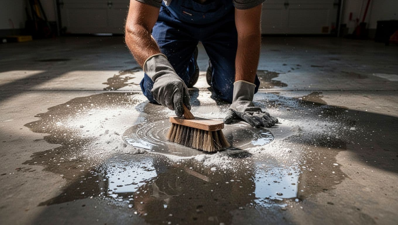 A worker in protective gloves brushes white efflorescence powder off a concrete garage floor using a stiff brush and water, shown in the before-cleaning state with cinematic dramatic side lighting.
