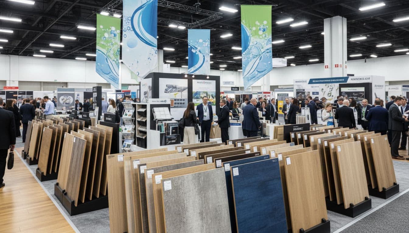Busy trade show booth at annual flooring show displaying antimicrobial flooring samples on stands, colorful banners, product displays, blurred people in background, bright convention hall lighting, realistic event photo style.