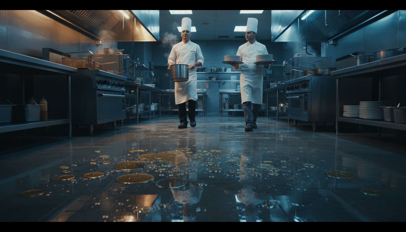 Two chefs carry pots and trays on glossy epoxy flooring in commercial kitchen; grease and water bead up on surface.
