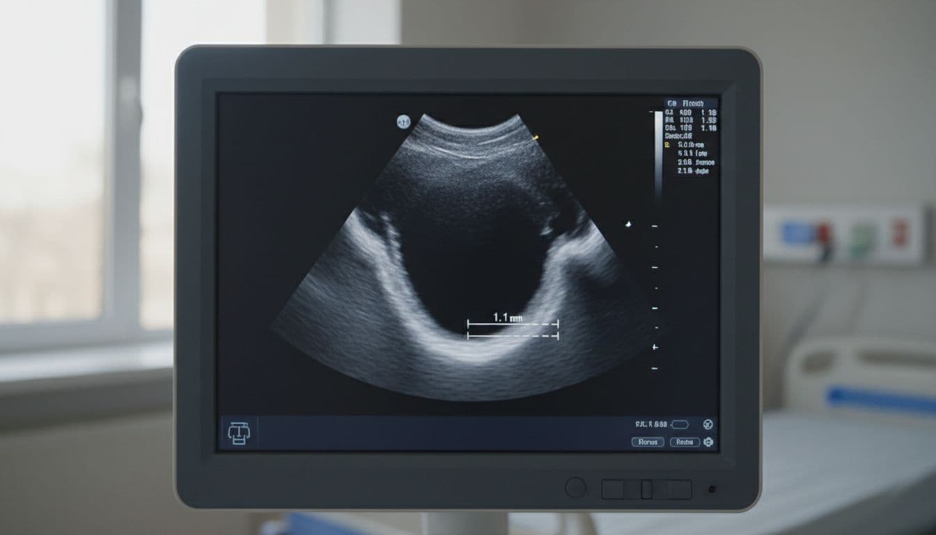 Photorealistic close-up of carotid artery ultrasound screen showing subtle plaque buildup as echogenic material narrowing the vessel lumen, with calipers measuring intima-media thickness in grayscale imaging.