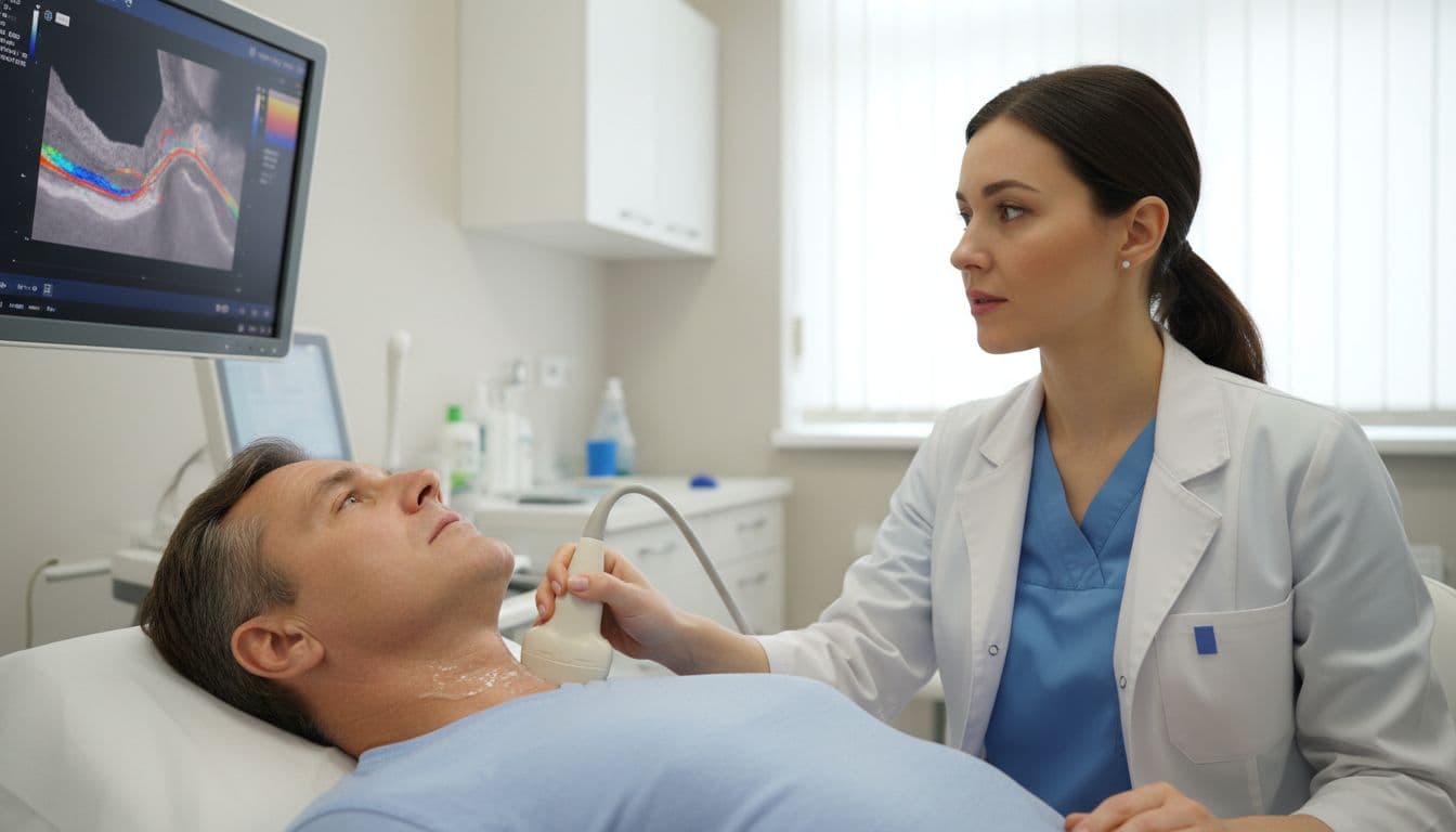 Photorealistic clinical ultrasound exam of the neck showing a doctor applying the ultrasound probe to the patient's carotid artery area with gel on the skin and a monitor displaying the artery cross-section in a modern clinic.