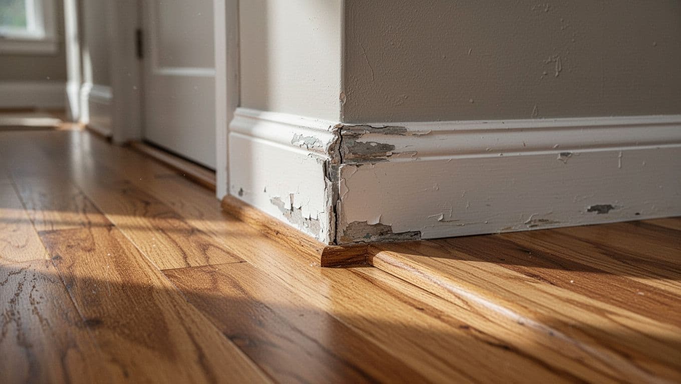 Photo-realistic close-up of outdated chipped white baseboards next to pristine new engineered hardwood flooring in a home hallway, highlighting gaps, peeling paint, and sharp contrast with smooth floor.