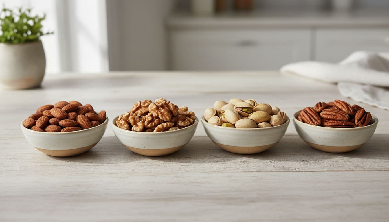 Photorealistic close-up of four small bowls each with one type of nuts—almonds, walnuts, pistachios, and pecans—on a wooden kitchen table in natural morning light, promoting healthy nutrition.