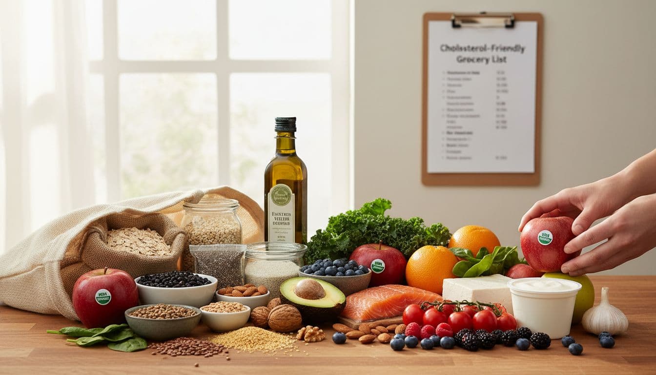 Photo-realistic lifestyle image of a reusable grocery bag spilling cholesterol-friendly foods like oats, nuts, fruits, vegetables, salmon, and tofu onto a wooden kitchen countertop, with a simple grocery list in the background under warm natural window light.