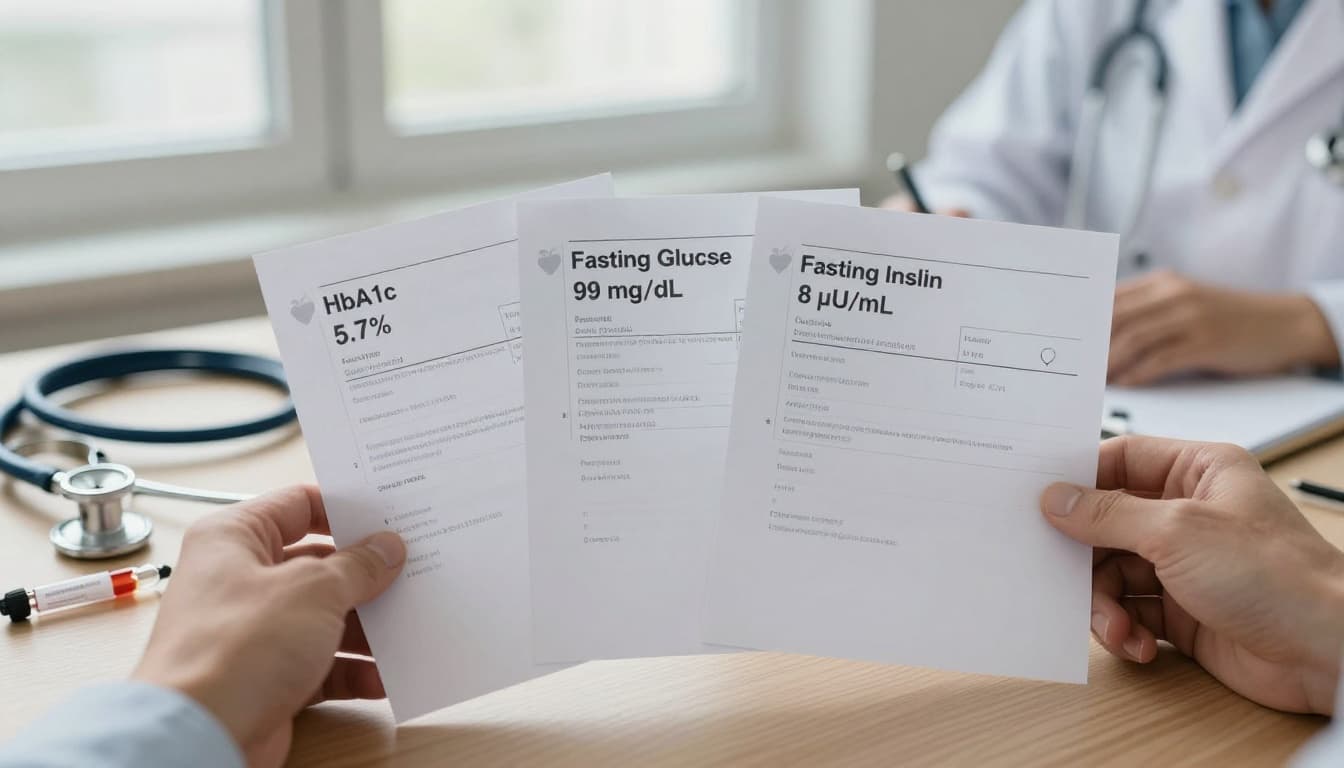 Photorealistic image of two gender-neutral clinician hands holding three clearly labeled lab sheets for HbA1c 5.7%, Fasting Glucose 99 mg/dL, and Fasting Insulin 8 μU/mL on a wooden desk, with blurred medical background.
