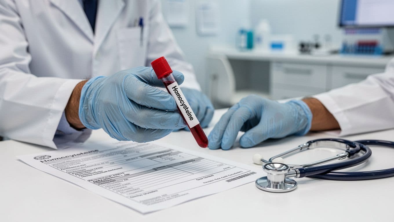 Photorealistic editorial-style medical image of a clinician in nitrile gloves holding a blood collection tube labeled Homocysteine next to a lab requisition form and stethoscope on a white desk with blurred modern clinic background.