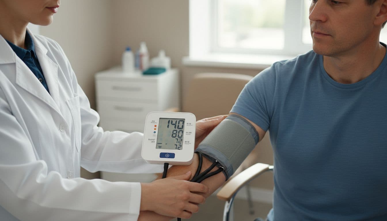 Photorealistic image of a clinician using a digital upper-arm cuff monitor to measure blood pressure on a middle-aged patient's arm in a bright clinic room, with the cuff inflating and display showing 140/80.