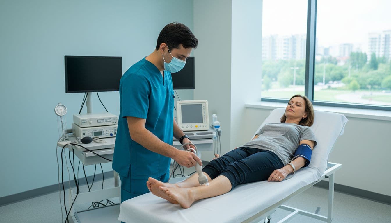 A clinician in scrubs performs an ankle-brachial index test on a supine middle-aged patient in a modern outpatient vascular clinic, using a handheld Doppler ultrasound probe with gel on the ankle artery while blood pressure cuffs are inflated on the upper arm and ankle.
