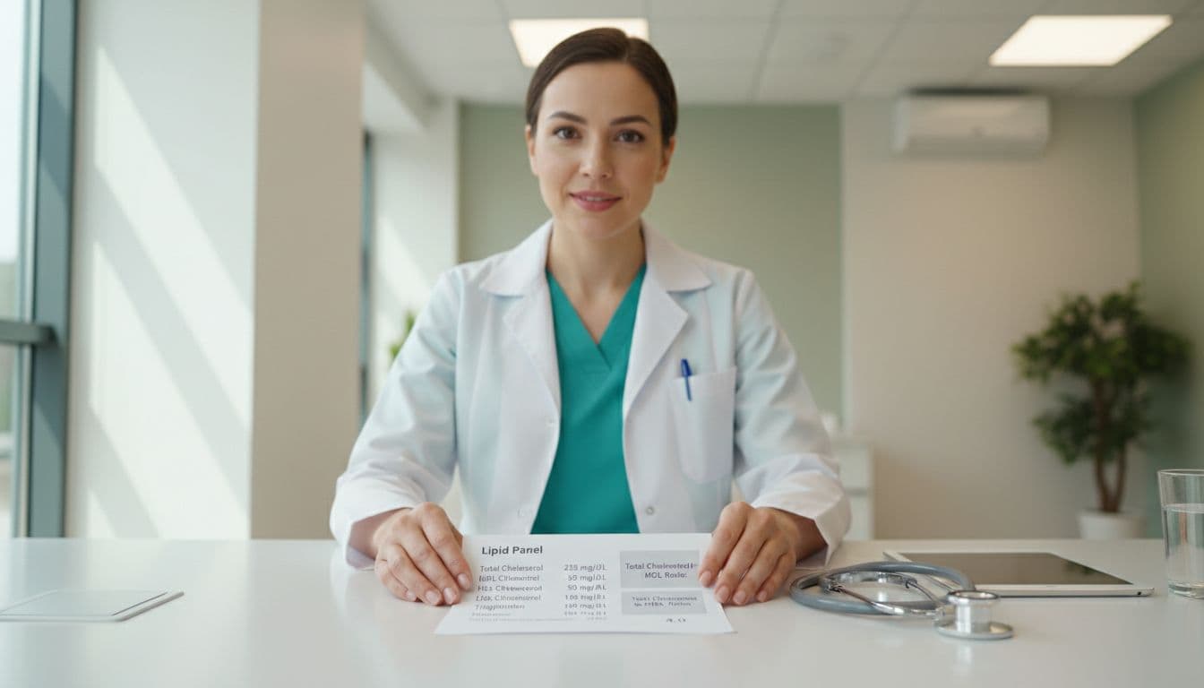 Photo-realistic image of a clinician in a modern clinic reviewing a lipid panel report on a desk, showing total cholesterol, HDL, LDL, and triglycerides. Natural daylight lighting with sharp focus on the report and relaxed hands, neutral background with stethoscope nearby.