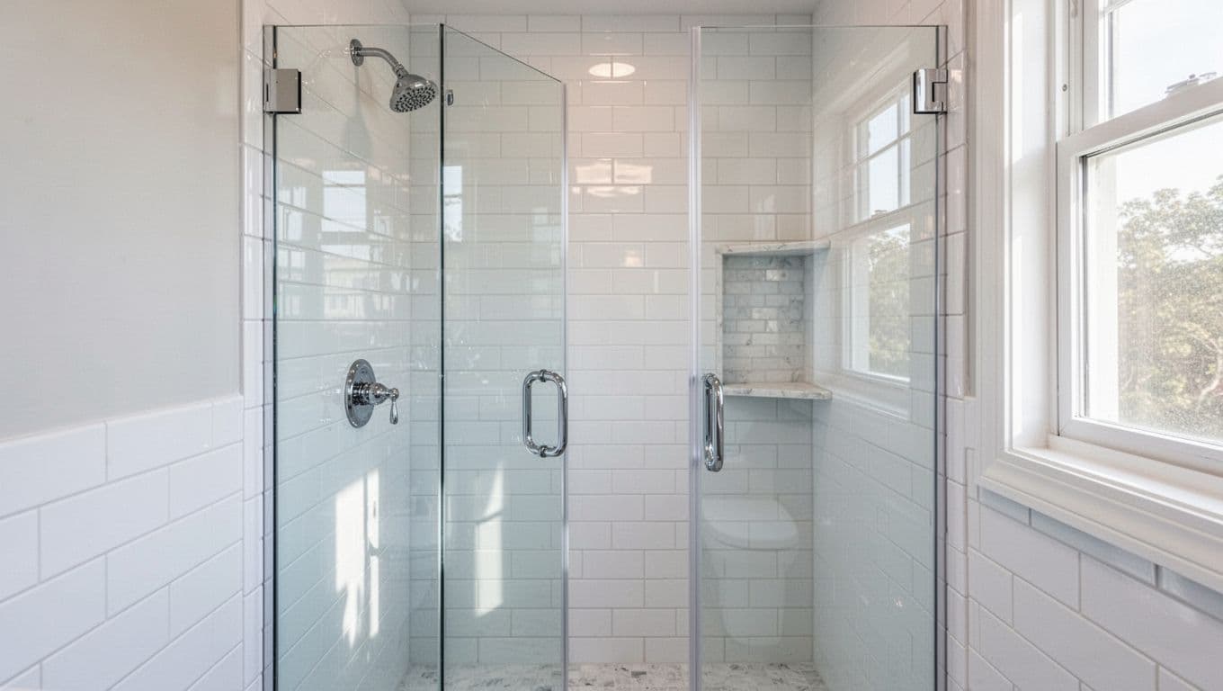 Photo-realistic image of a compact modern small bathroom shower enclosure featuring 4x8 white subway tiles on walls, clear frameless glass door partially open, chrome fixtures, and soft natural light making the space feel airy.
