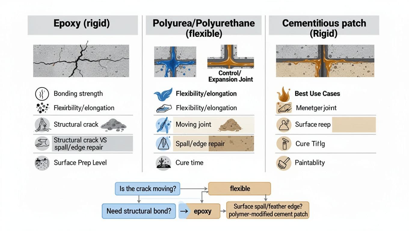 Clean technical infographic comparing epoxy (rigid), polyurea/polyurethane (flexible), and cementitious patch (rigid) for concrete crack and joint repairs, with icons for bonding strength, flexibility, use cases, prep, cure time, paintability, and a decision flowchart.