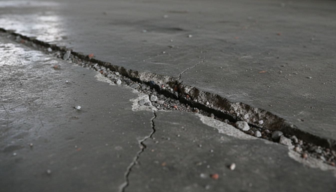 Close-up realistic photo of a poorly maintained concrete expansion joint on a floor, featuring spalled crumbling edges, debris and dirt filled gap, one lifted edge, small crack crossing the joint, uneven width, and worn surrounding concrete under natural indoor lighting.
