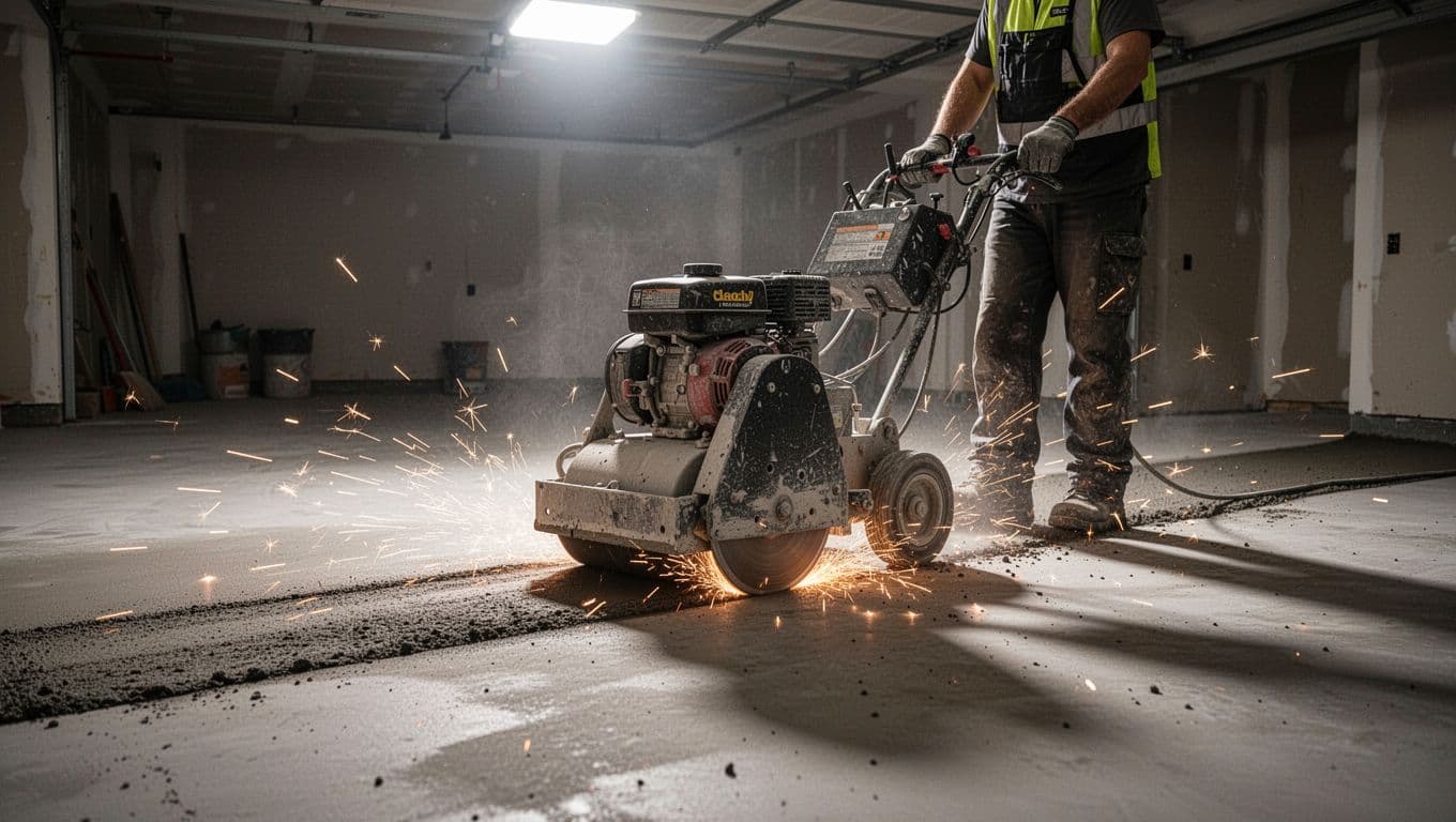Worker operating a walk-behind concrete floor grinding machine on a rough indoor garage slab, producing sparks from diamond tools, captured from a side angle showing the machine path in cinematic style with strong contrast and dramatic overhead lighting.