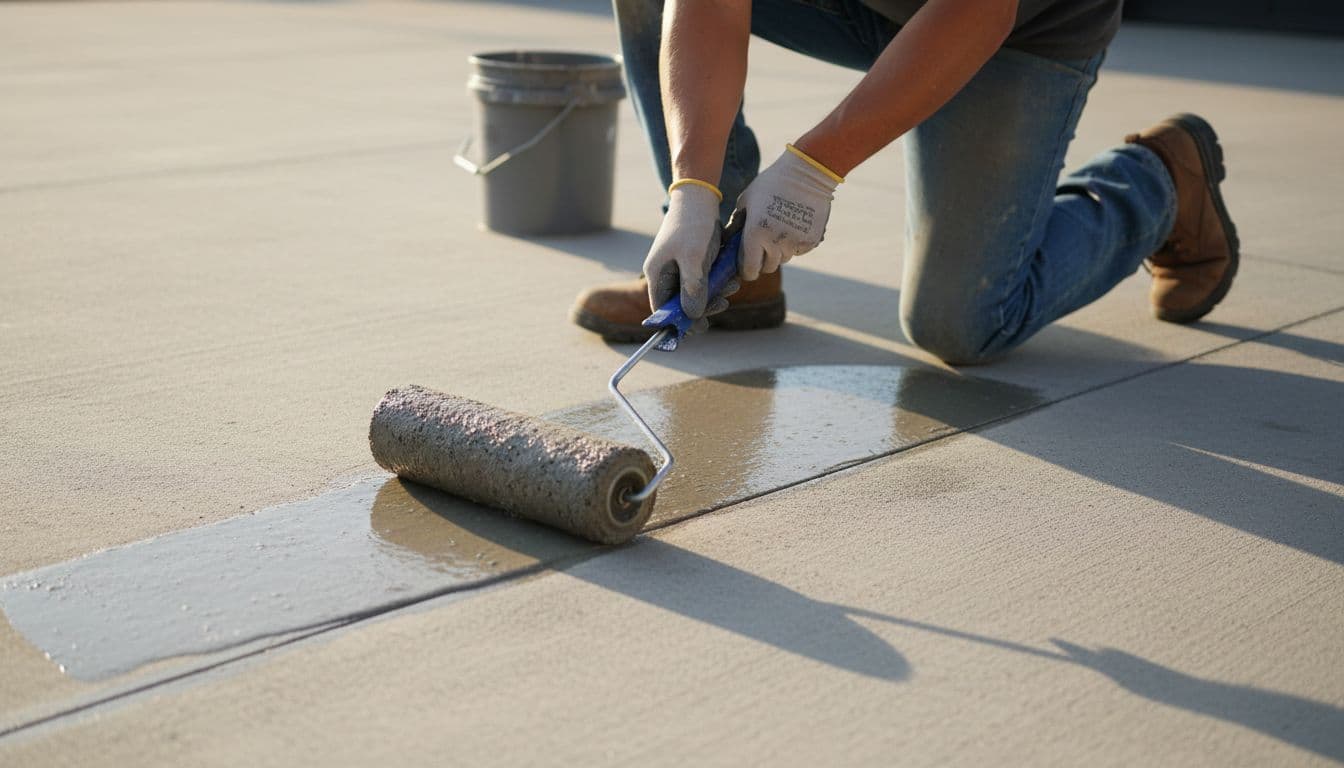 Close-up of a worker's hands and boots applying clear concrete sealer with a roller on a smooth cured driveway surface, sunlight casting soft shadows, focus on the roller and wet glossy sealer trail.