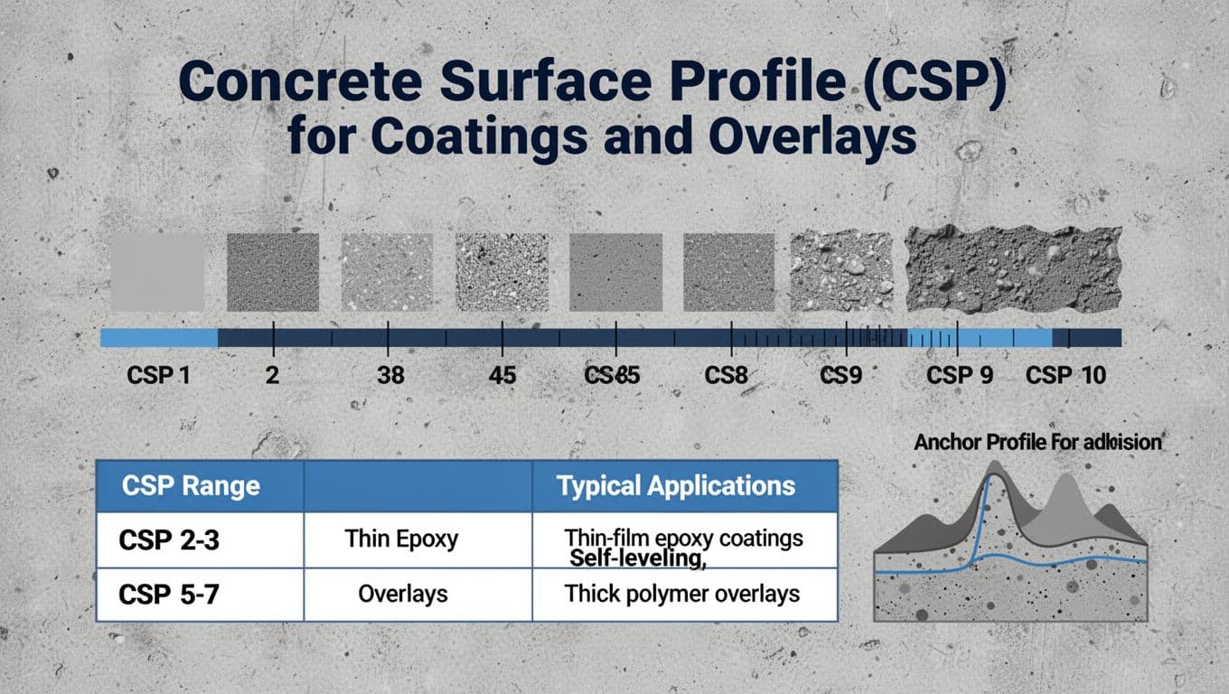 Educational infographic displaying CSP 1-10 scale with texture swatches, application table for coatings and overlays, and cross-section adhesion diagram in professional vector style.