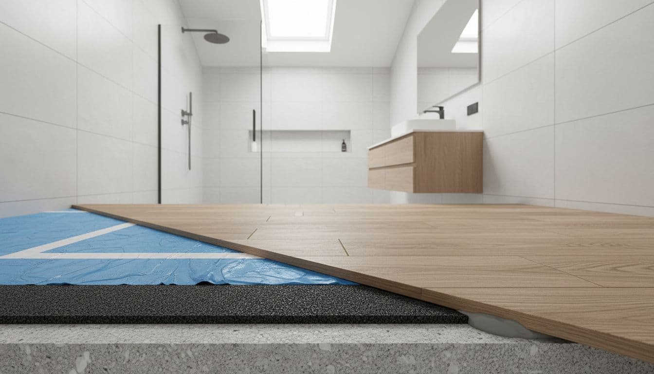 Bathroom LVP cutaway showing waterproof membrane and underlayment layers