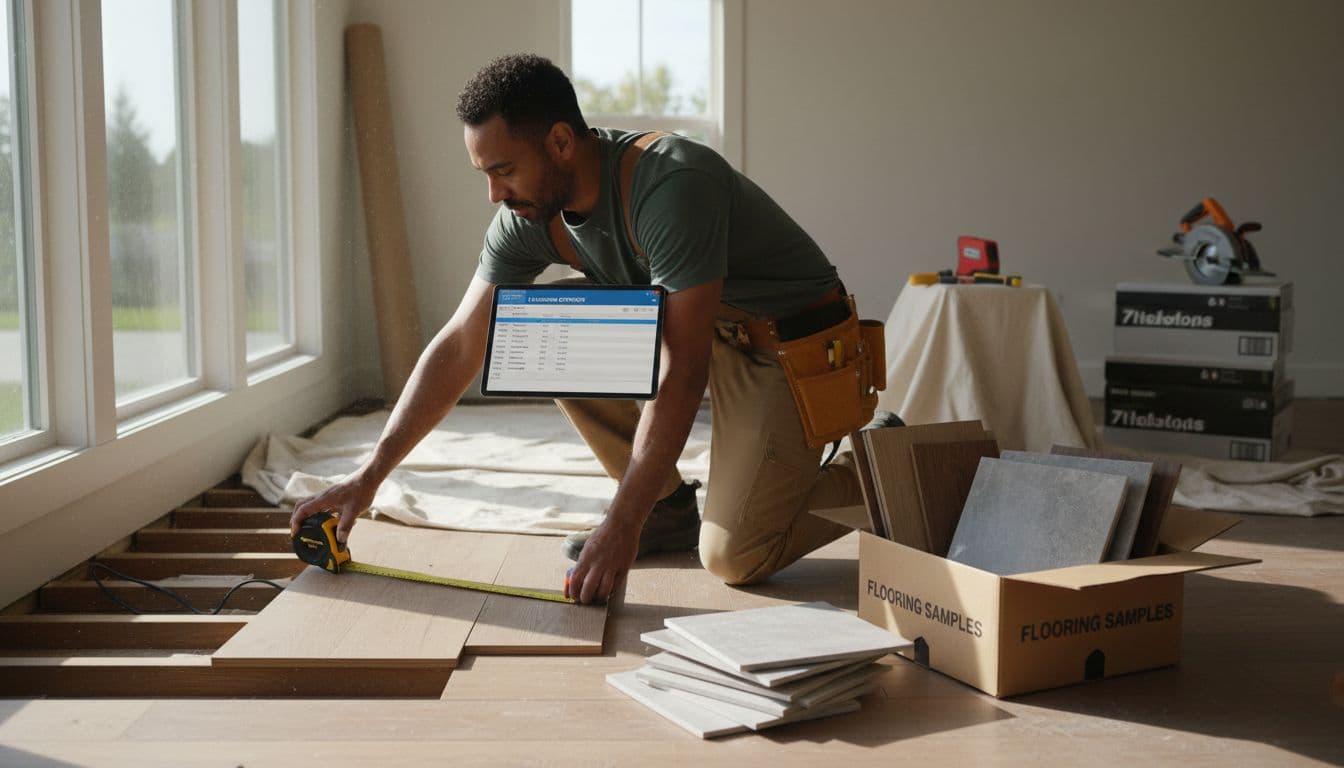 Photorealistic editorial image of a diverse male contractor in a modern residential living room renovation site, measuring subfloor space with a yellow tape measure and red laser distance tool while holding a digital tablet displaying a flooring estimate, with neatly arranged samples of luxury vinyl plank, engineered hardwood, and porcelain tile nearby.