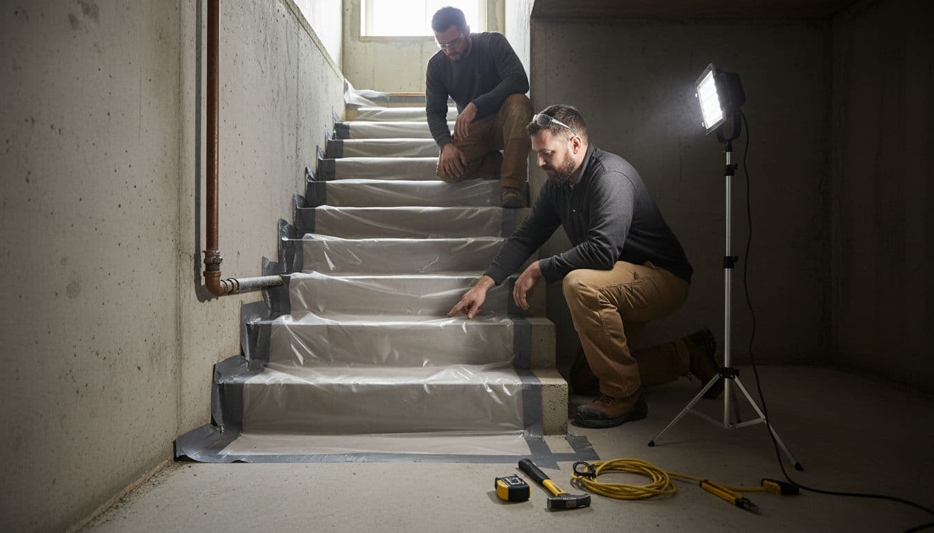 Contractors in work clothes inspect a 6-mil polyethylene sheet installed as a moisture barrier over concrete stair stringers in an unfinished basement stairwell, with taped overlaps and tools nearby.
