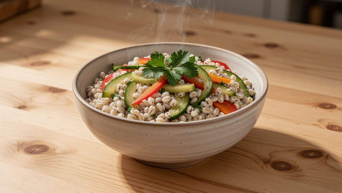 Photo-realistic image of cooked barley in a natural ceramic bowl on a light wooden table, garnished with sliced vegetables and herbs under soft warm kitchen lighting that emphasizes the grain textures. Editorial style highlights whole grain benefits for reducing LDL cholesterol and promoting heart health, with a single bowl focus and no text or people.
