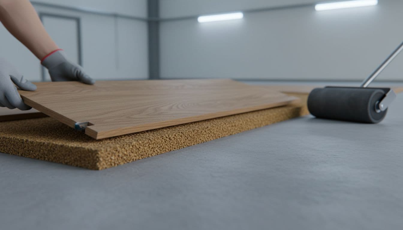 Cross-section view of floating floor system with cork underlayment layer beneath laminate planks on concrete subfloor, clean installation, roller tool nearby, bright workshop lighting, one hand holding plank edge.