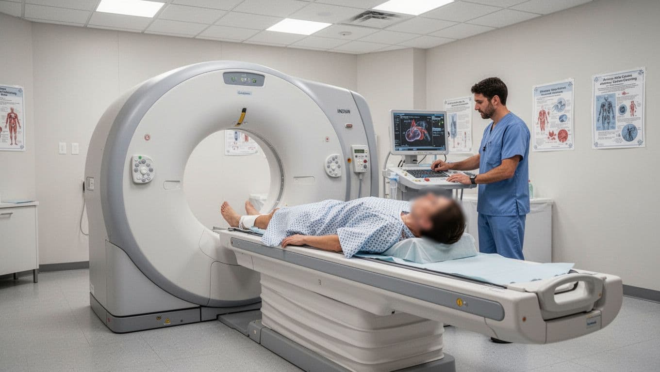 Photo-realistic image of a patient on a CT table in a clean clinical room with a radiology technologist adjusting equipment, for an educational article on Coronary Artery Calcium scoring.