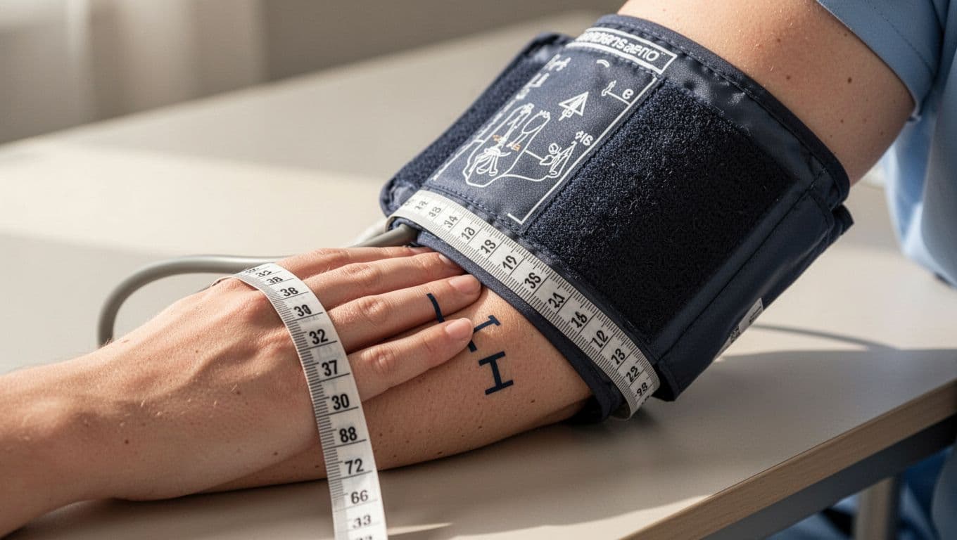 Photorealistic close-up detail of correct upper arm blood pressure cuff placement on bare skin, with snug fit allowing two-finger gap, aligned brachial artery marker, and soft measuring tape showing 32 cm circumference in morning light.