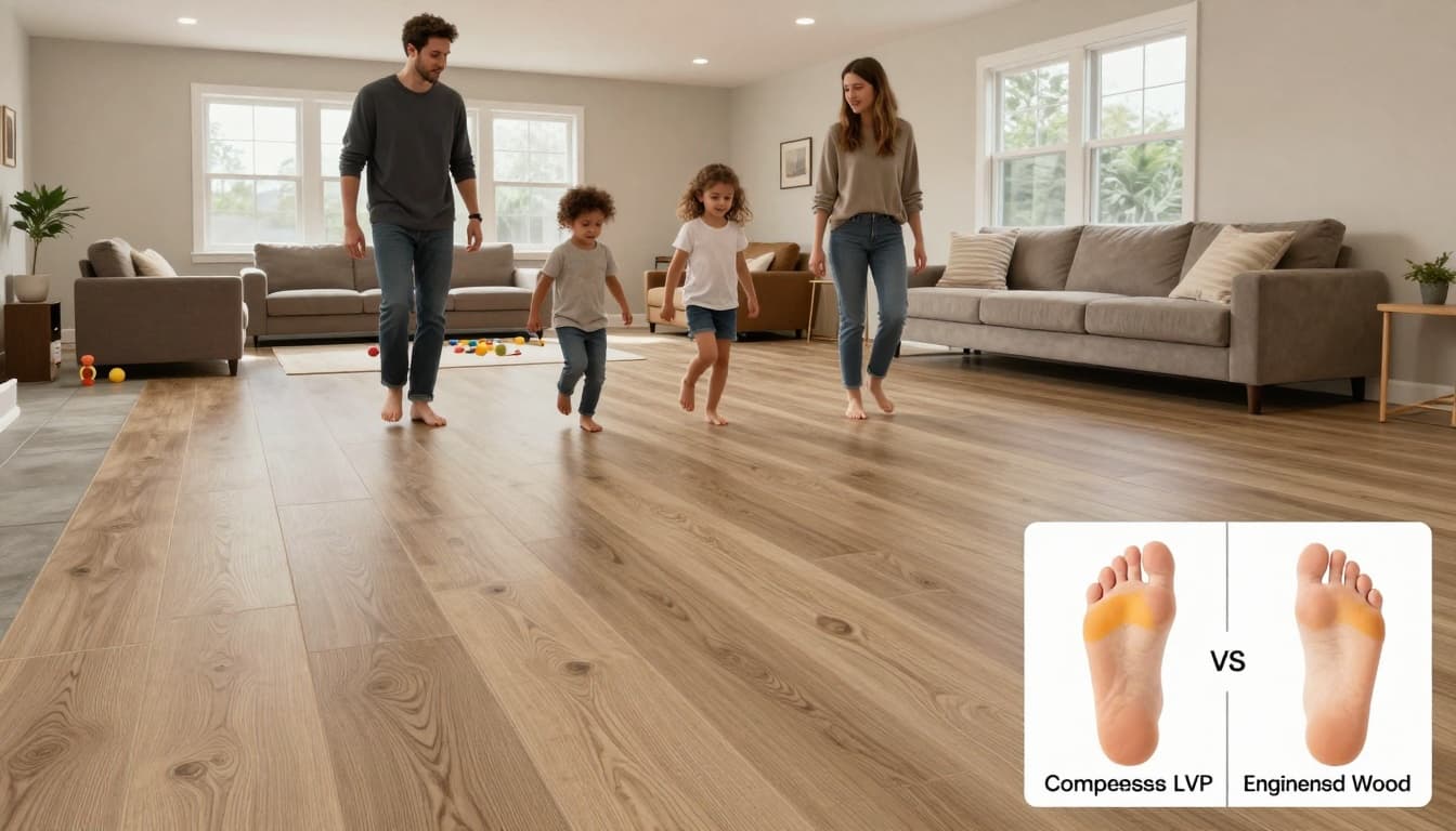 Photorealistic editorial photo of a family enjoying barefoot comfort on luxury vinyl plank (LVP) flooring in a cozy modern basement family room in Cumming, GA, with kids jumping playfully and an inset comparing foot pressure to engineered wood.