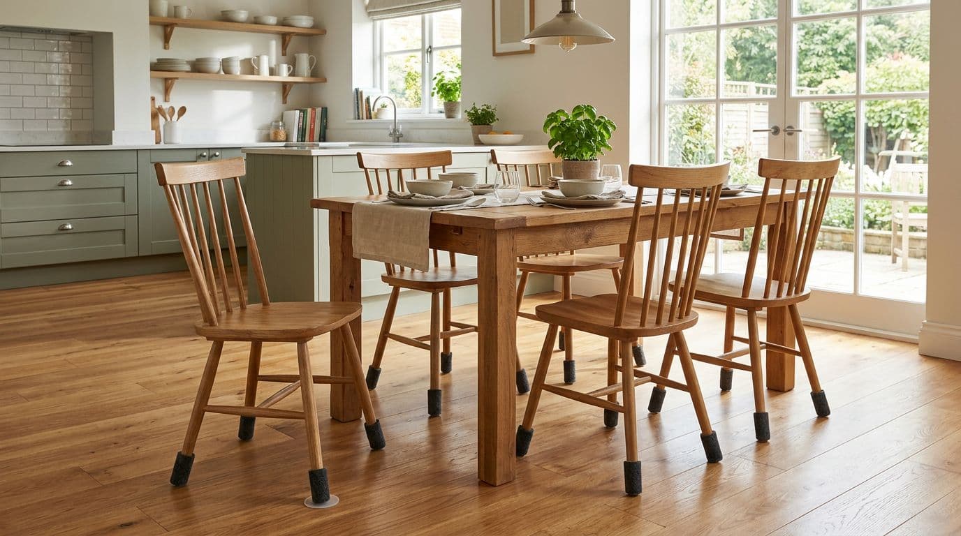 Photorealistic cozy kitchen dining area with wooden table and four chairs featuring thick felt pads under each leg, clearly visible on smooth hardwood flooring. One chair slightly pulled out showing slider, bright natural light, modern home setting with no people, marks, text, or logos.