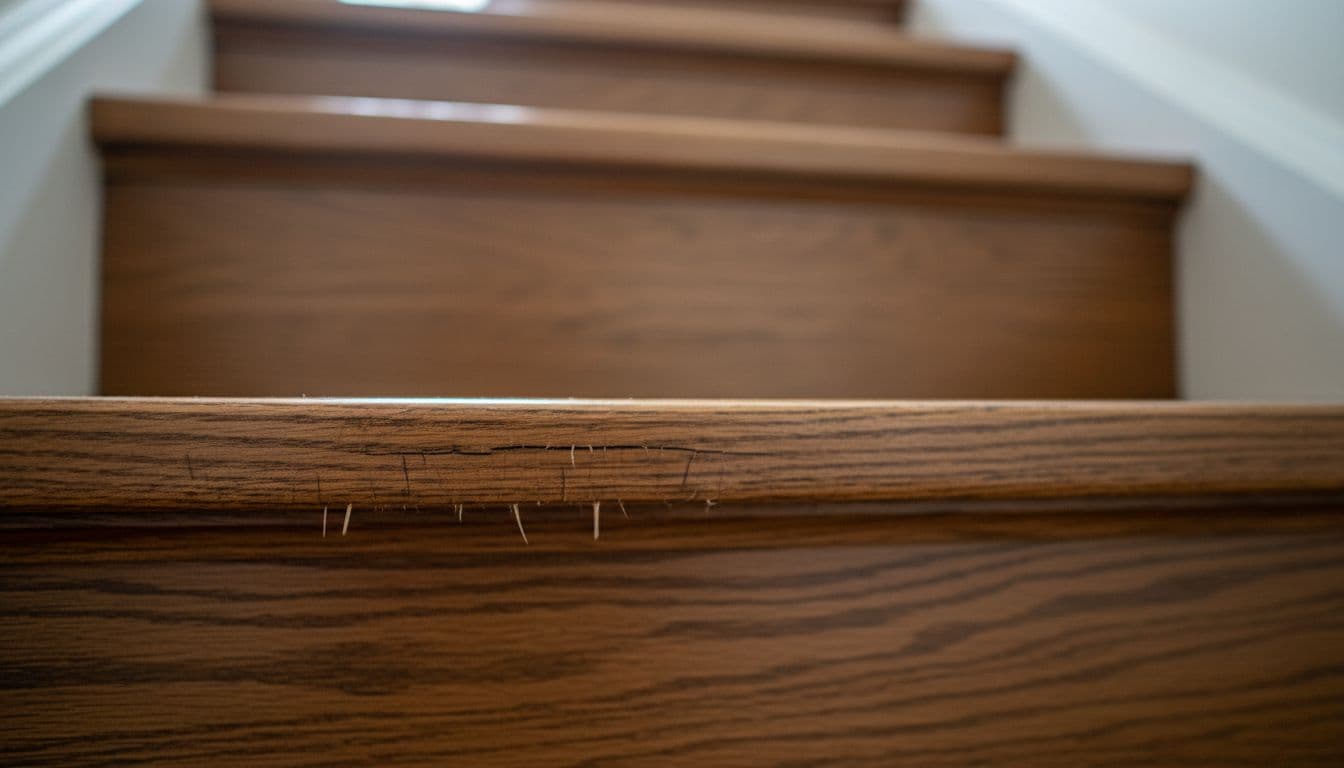 Close-up of cracked and splintered stair tread