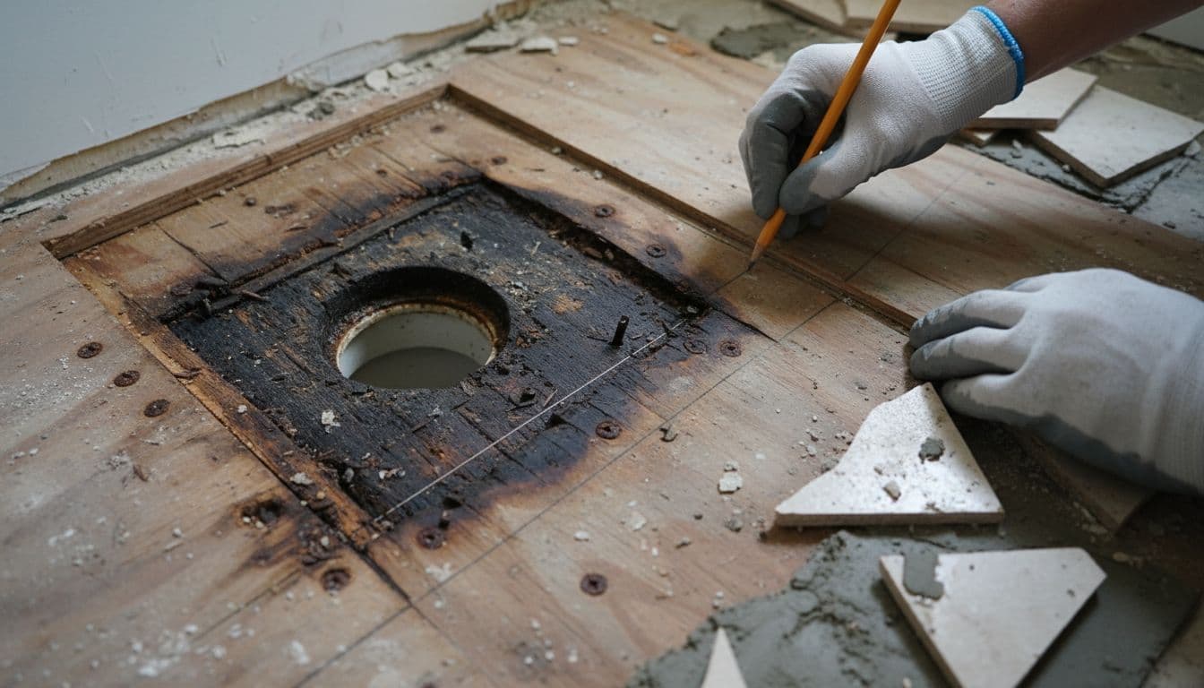 Close-up professional photo of water-stained, rotting plywood subfloor near a toilet flange in a small bathroom renovation, with contractor's gloved hands marking cut lines for repair before hardwood installation.