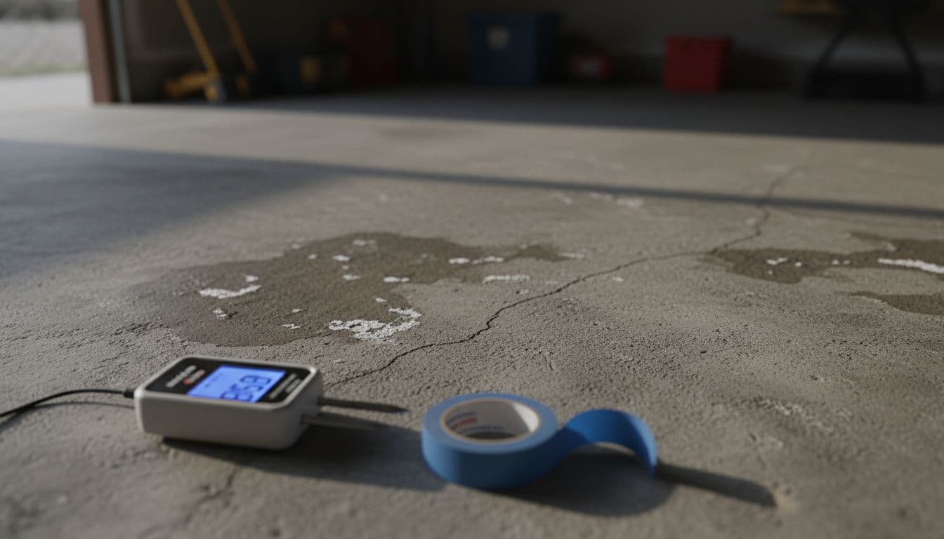 Concrete slab moisture darkening, efflorescence, and crack