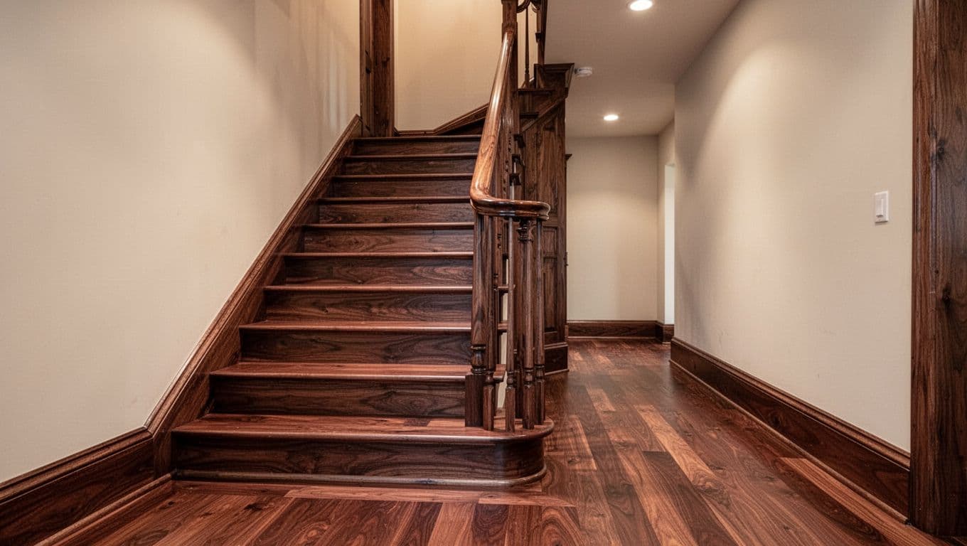 Photo-realistic wide-angle view of an elegant home hallway staircase featuring new dark walnut hardwood treads and risers seamlessly transitioning to matching baseboards, polished wood handrail, and warm overhead lighting.