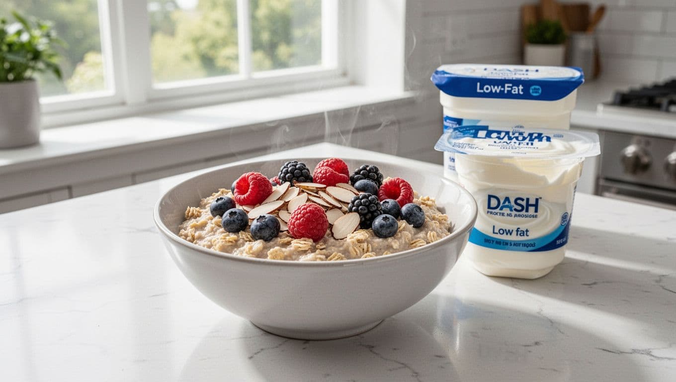 Photorealistic food photography of a simple DASH breakfast bowl with oatmeal topped with fresh berries and sliced almonds, alongside low-fat yogurt, in a bright modern home kitchen.