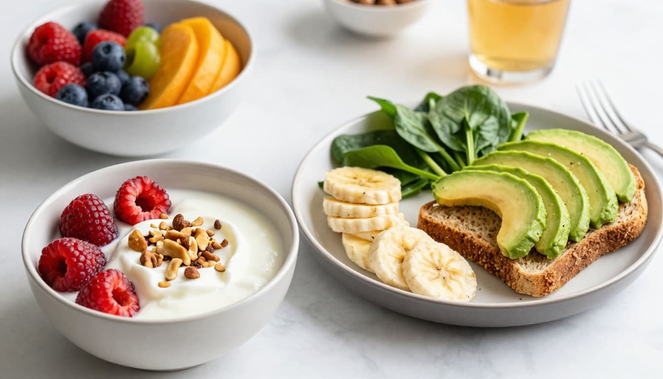Photorealistic editorial-style image of a heart-healthy DASH diet meal featuring a low-fat yogurt bowl topped with fresh berries, banana slices, unsalted nuts, whole grain toast with sliced avocado, and a nearby spinach salad in a modern dining setting with bright natural lighting.