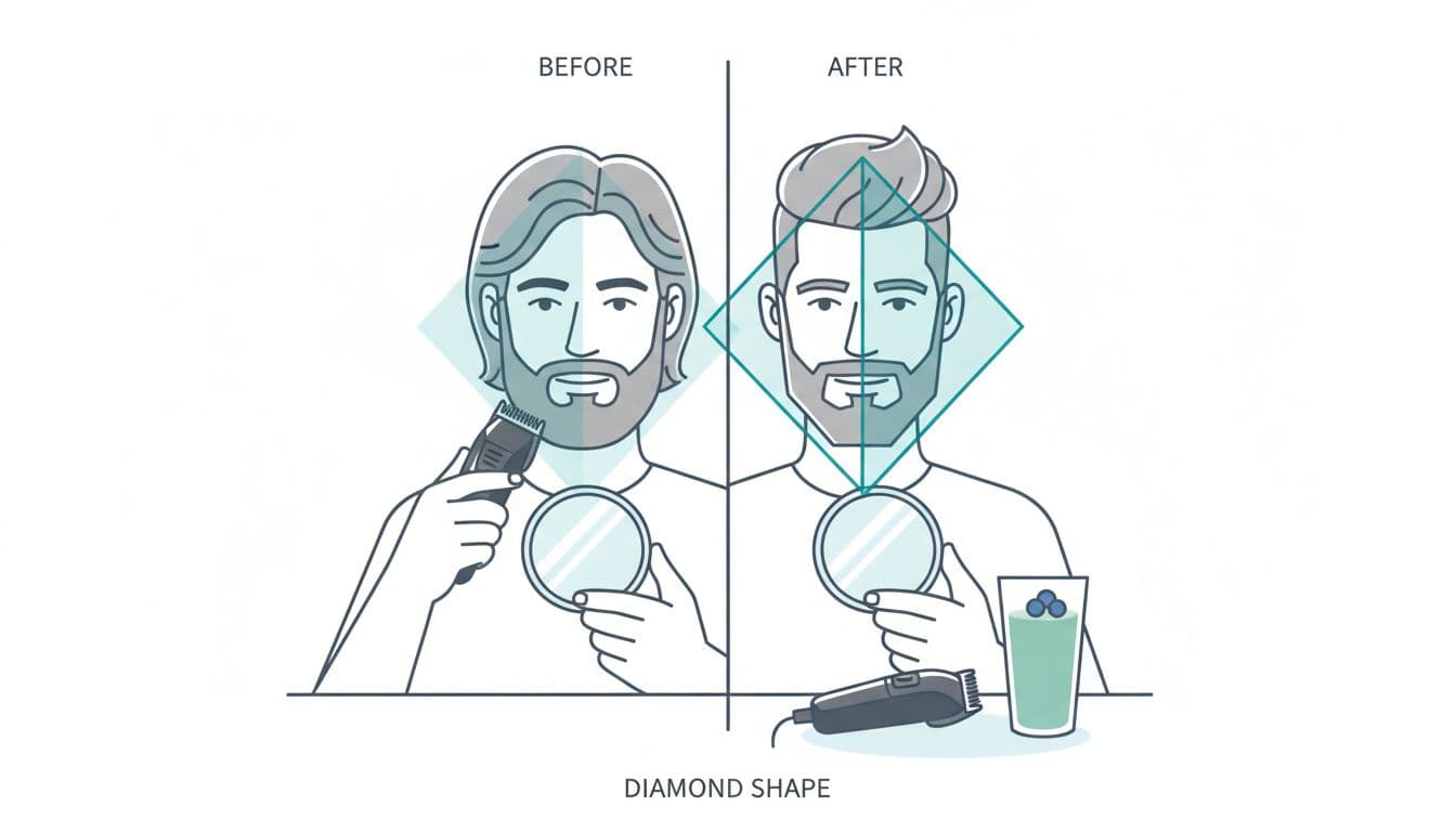 Illustration of a man using a trimmer and mirror to shape his beard line for a diamond face shape, featuring subtle before-and-after views, voluminous top haircut, and a green smoothie for healthy grooming. Crisp vector flat design in magazine infographic style with charcoal lines and teal/blue accents on white background.