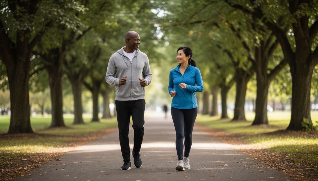 Two diverse adults in their 40s-50s walk briskly side by side on a sunlit park path, chatting relaxedly in comfortable activewear amid trees, promoting daily exercise for heart health and better sleep.
