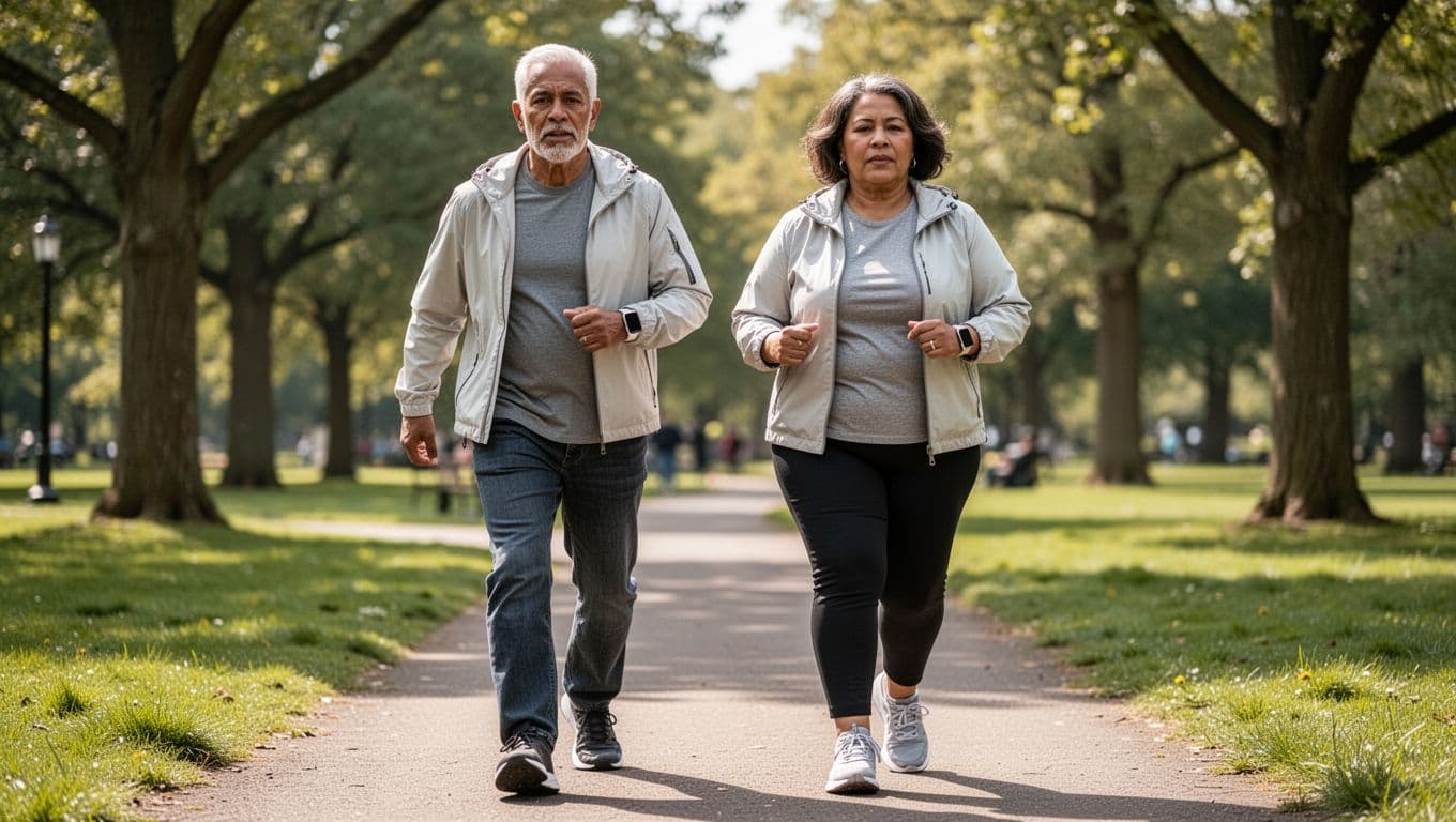 Photorealistic image of a man in his 40s and a woman in her 50s with varied body types, walking briskly side by side on a sunny park path, wearing comfortable shoes, light jackets, and a visible smartwatch, with mild exertion expressions and natural background.