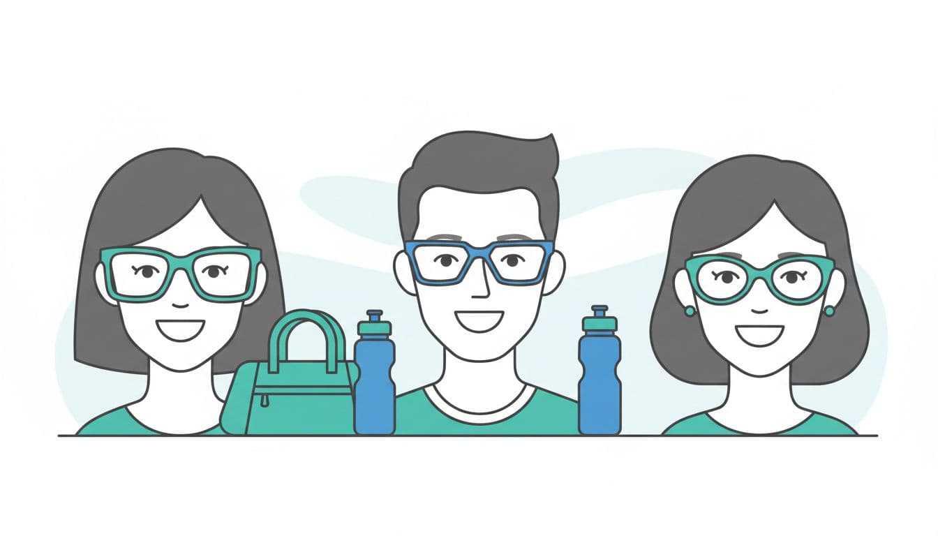 A diverse group of men and women happily trying on glasses frames suited to their face shapes—oval with rectangular, round with angular, square with oval—in a crisp vector infographic style with healthy living elements like gym bags.