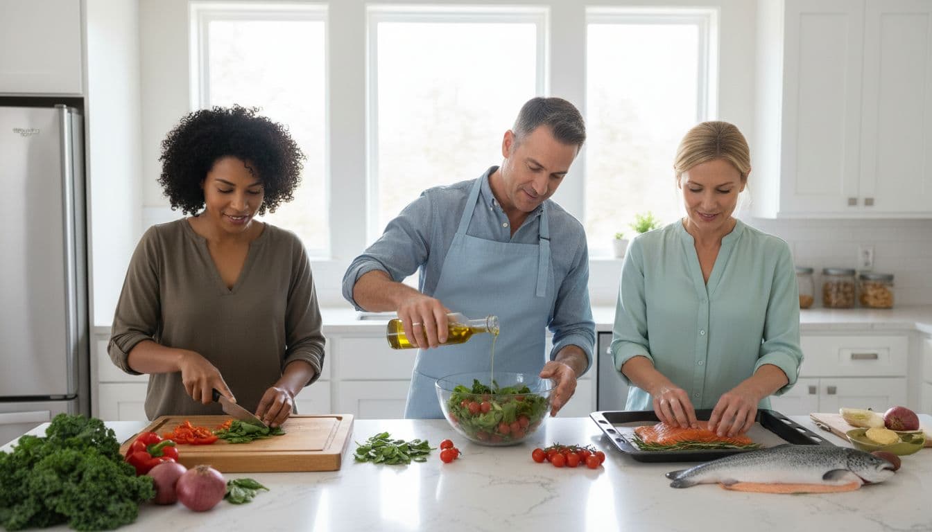 Photo-realistic scene of three diverse adults in their 40s collaboratively preparing a heart-healthy meal in a bright modern kitchen, chopping vegetables, adding olive oil to salad, with fresh spinach, tomatoes, and salmon on the counter.