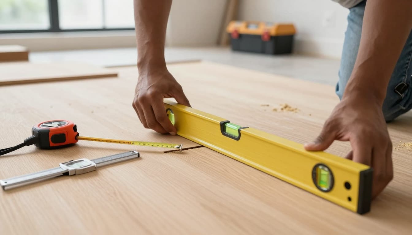 Hands checking a plywood subfloor with a long straightedge and tape measure gap