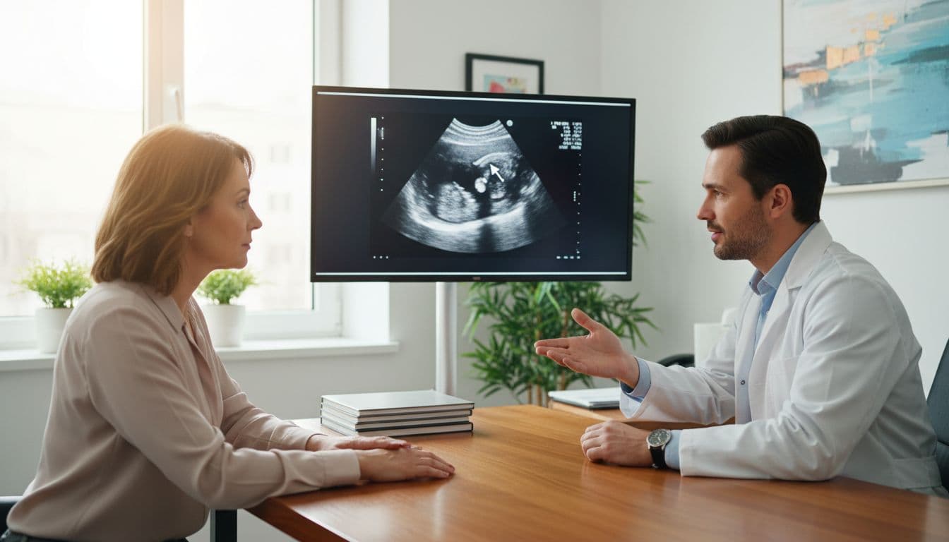 Photorealistic scene of a doctor in a consultation room explaining carotid ultrasound results showing mild plaque to an attentive patient, with charts on the desk and natural light.