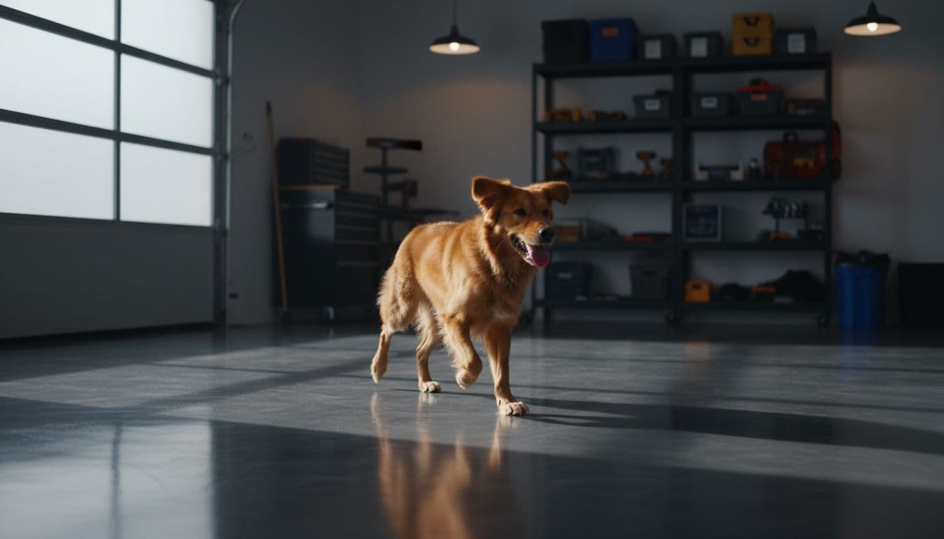 Medium-sized dog runs across glossy epoxy-coated concrete garage floor, claws touching without scratches.