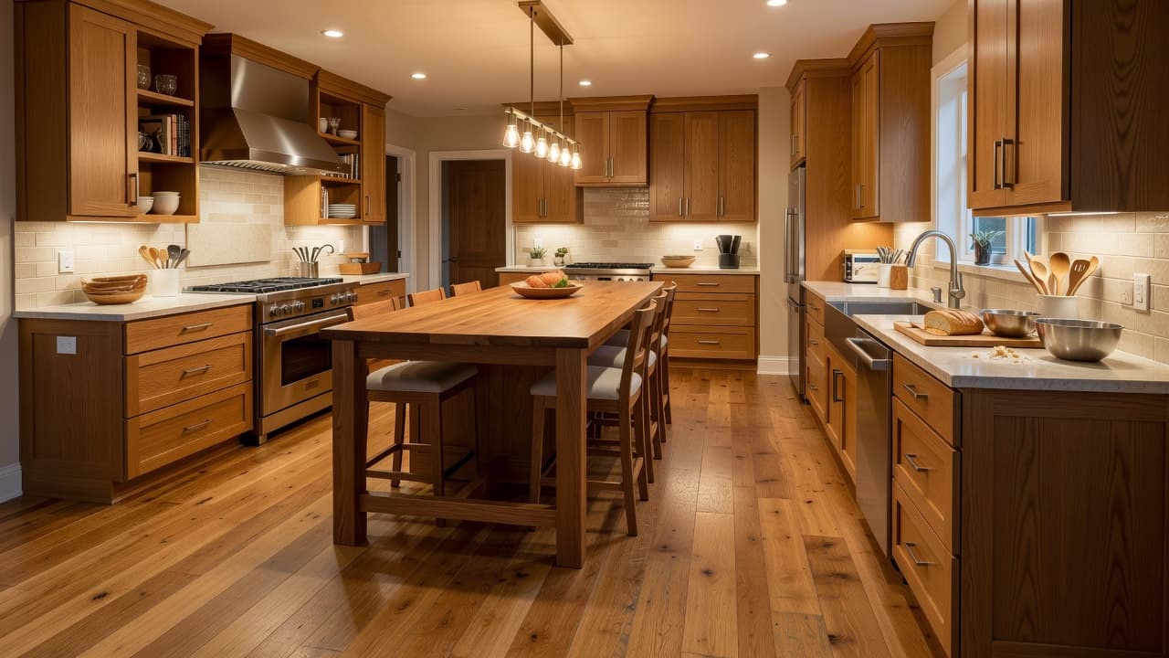Natural character-grade hardwood floors extend across a sunlit kitchen featuring a large central island. The resilient surface texture hides daily wear, perfectly balancing professional design aesthetics with active family lifestyle requirements.