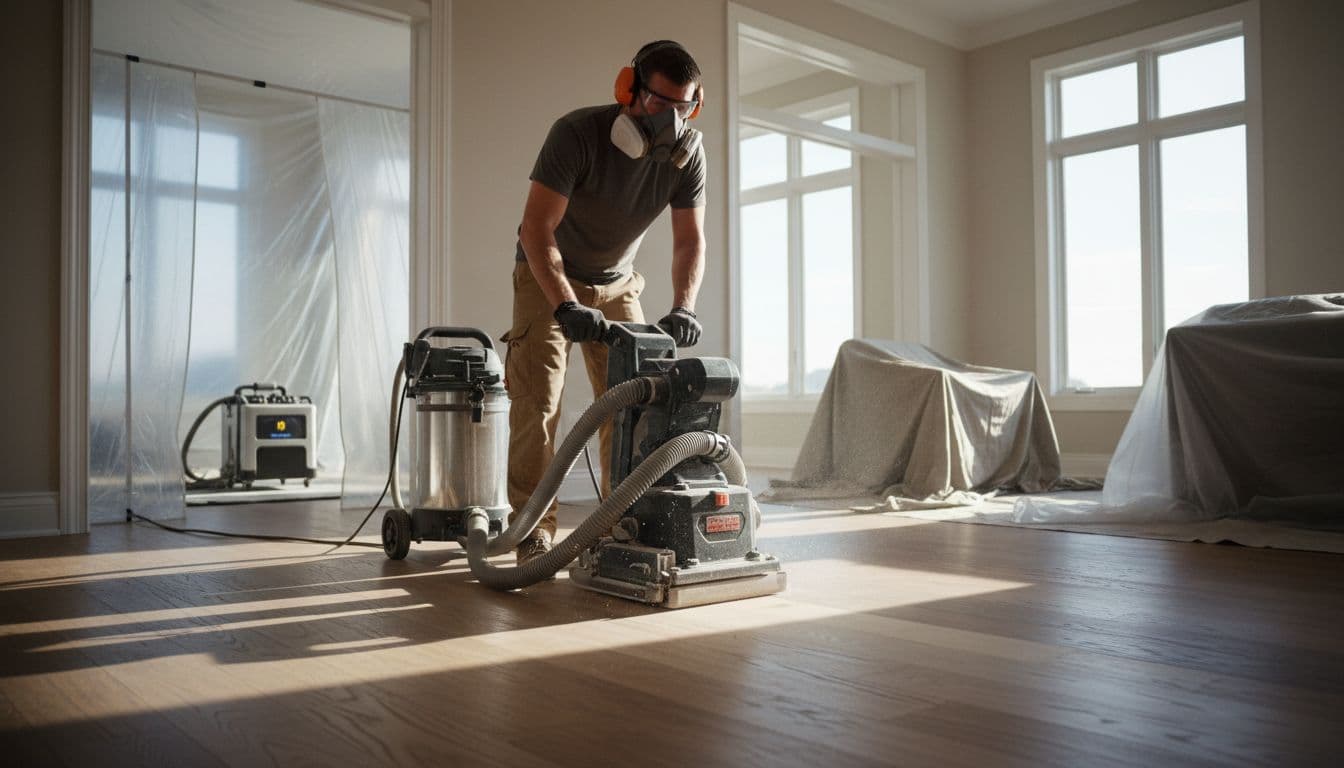 Contractor sanding an oak floor with dust extraction and containment