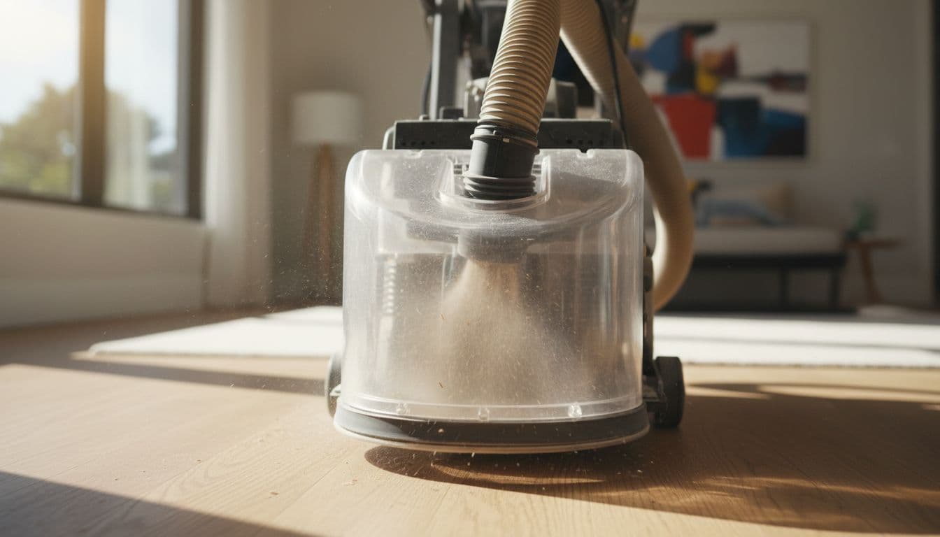Close-up of dust collection shroud and hose capturing fine dust