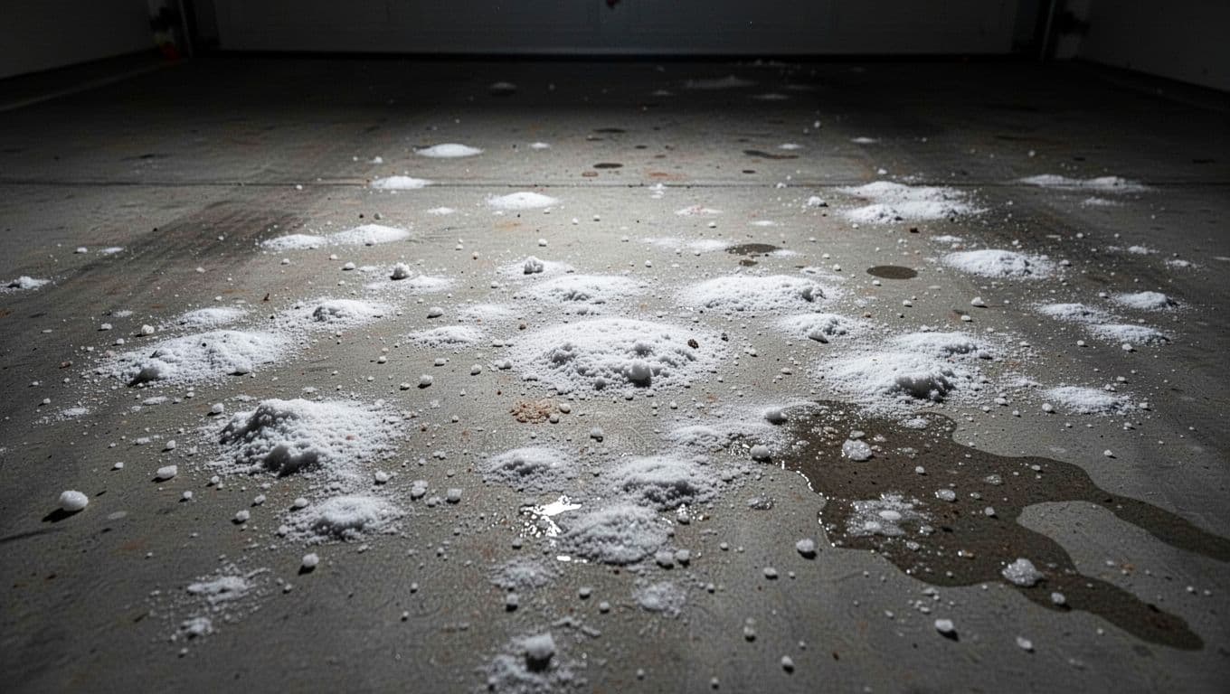 Close-up view of white powdery efflorescence deposits forming patchy salt crystal stains on a gray concrete floor in a dimly lit garage, with moisture residue nearby and dramatic cinematic lighting.