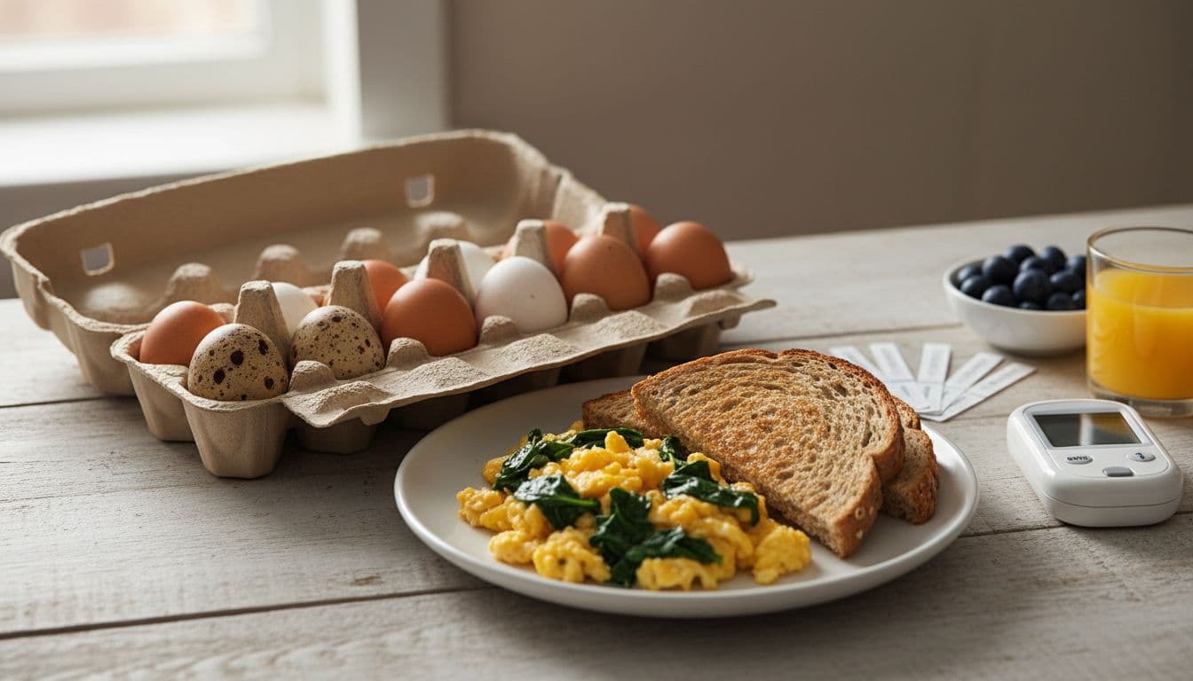 Photorealistic open farm-fresh egg carton on wooden counter with cholesterol-test strips and plate of scrambled eggs spinach whole-grain toast in natural light.