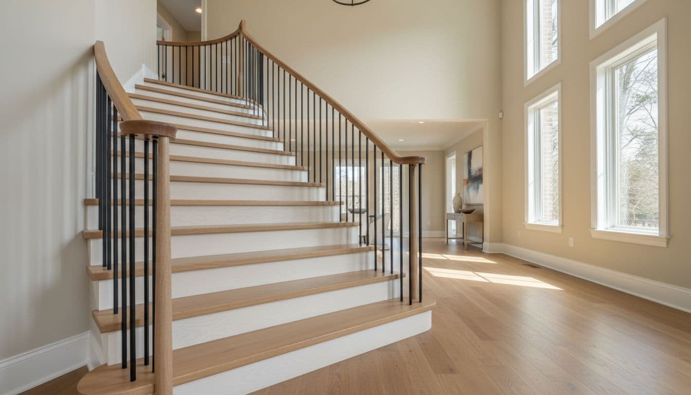 Elegant curved staircase in an upscale Milton home foyer