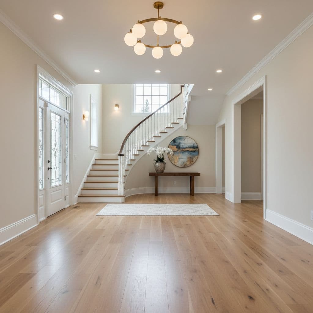 A sunlit residential foyer features polished light oak hardwood flooring and a classic staircase.